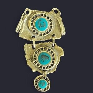Brutalist  Long Brooch, Enamel Turquoise, Gold Tone, Artisan Sculptural‎ vintage
